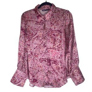Zara Womens Size L Pink Abstract Print Button-Up Blouse Long Bell Sleeves Lightw